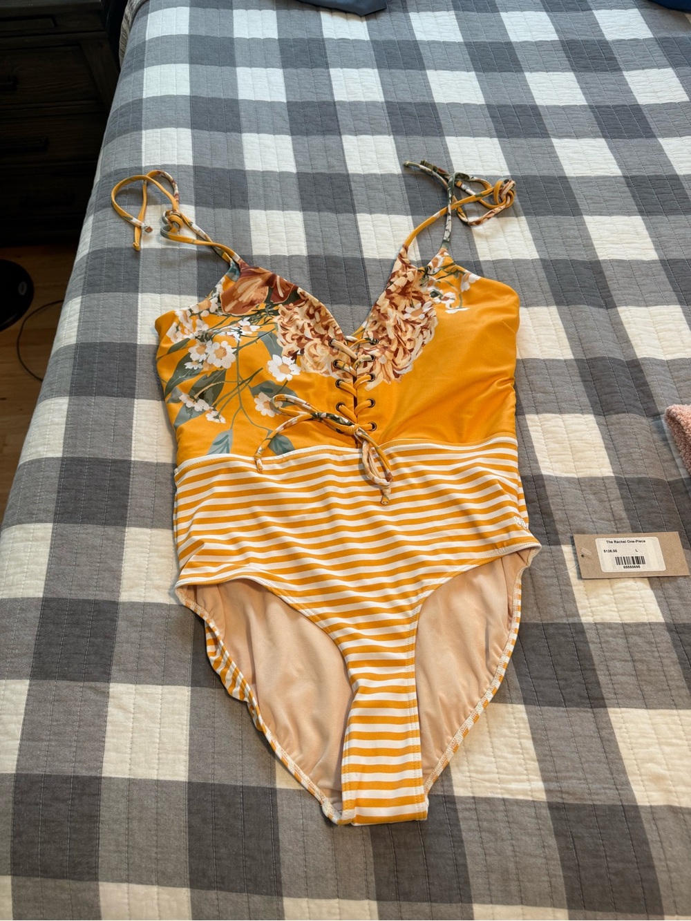 Albion Mustard Yellow Floral & Striped One-Piece Swimsuit with Lace-Up Front